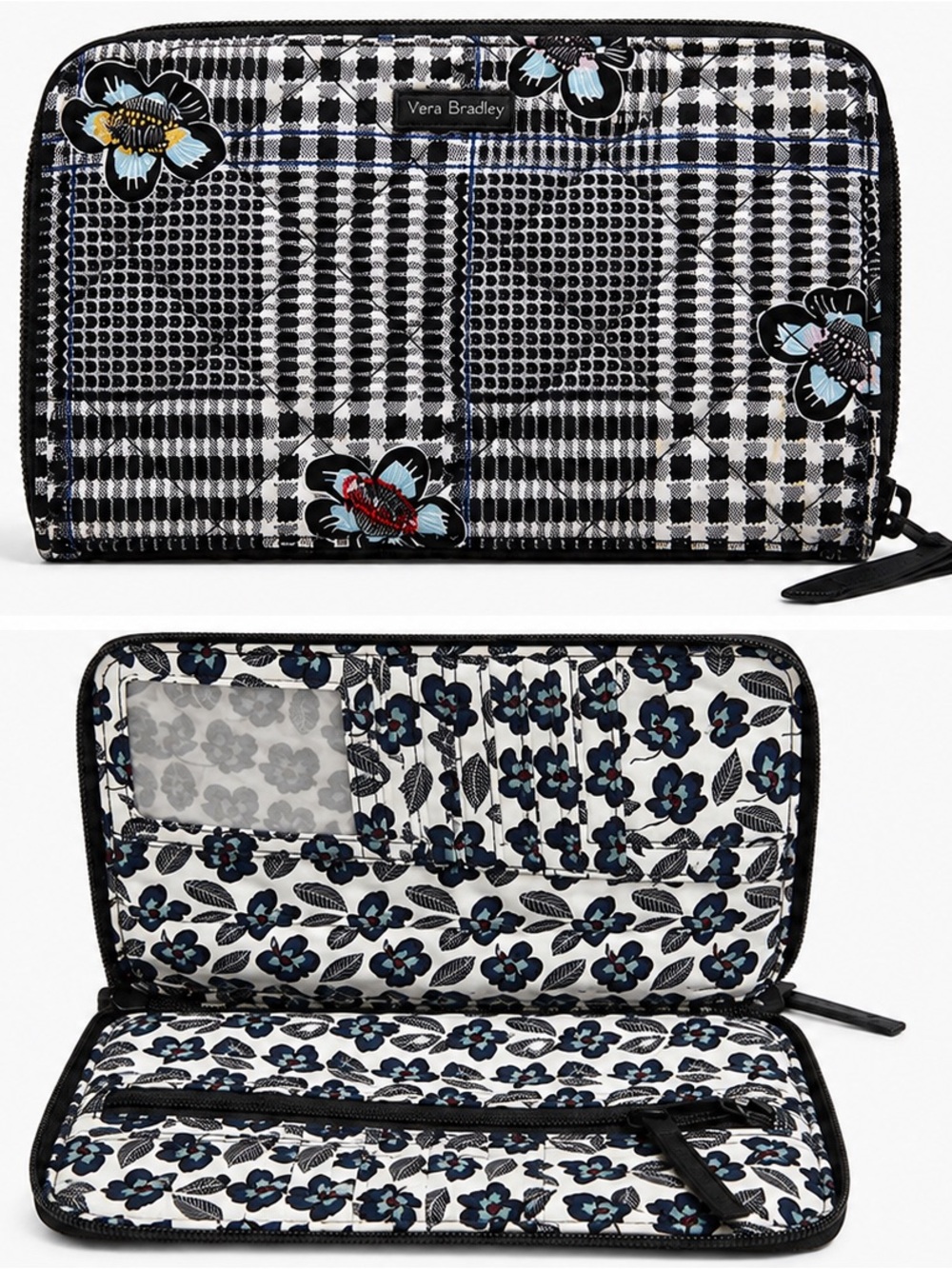 Vera Bradley Black & White Plaid Floral Zip Wallet with Blue Accents